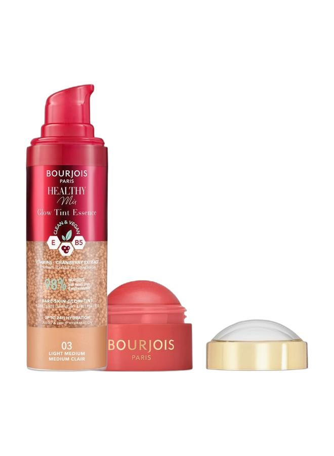 BOURJOIS PARIS Healthy Mix Glow Tint Essence — 03 Light Medium 30ml & Bourjois Little Round Pot Cream Blush - 04 - Sunbeam Peach, 8.5g Bundle - Image 1